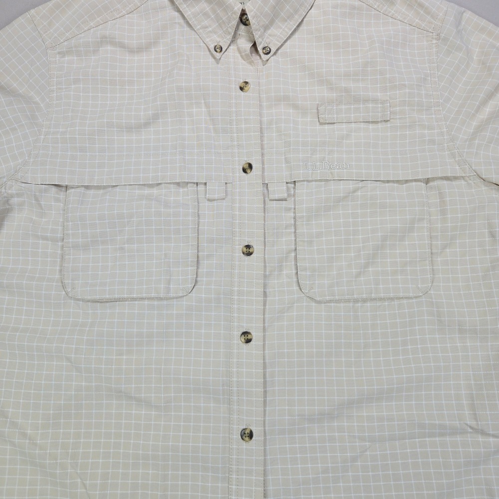 LL Bean Fishing Shirt Vented Back Roll Tab Grid Beige Womens Large L 0CDX3 - Picture 3 of 8